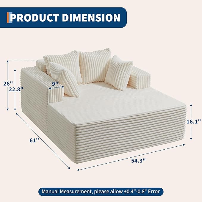Oversized Chaise Lounge Chair Indoor 61" D x 54" W 2‑Person Comfy Cloud Boneless Couch Corduroy Foam No Assembly Required Sofa Bed with 4 Pillows & Armrests for Living Room & Bedroom
