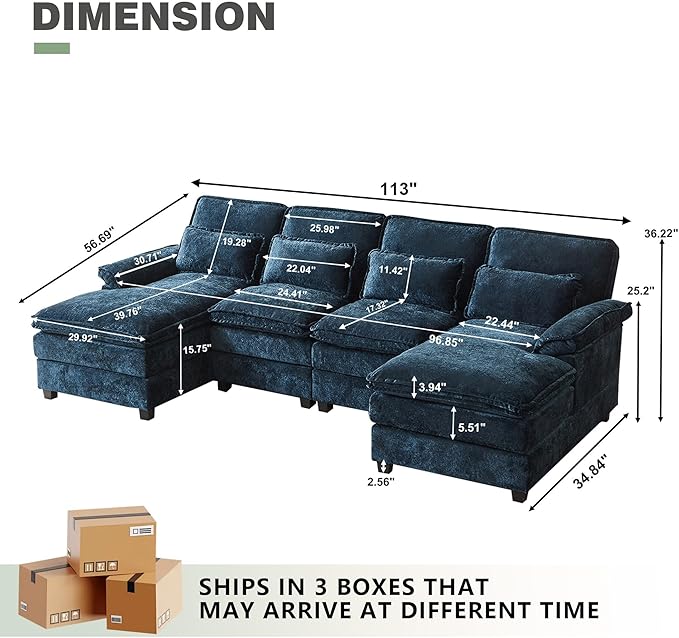 112" Modular Sectional Sofa, U Shaped Comfy Cloud Couch with Double Chaise and Padded Armrests, Modern Deep Seat Sectional Couches for Living Room, Apartment, Office, Dark Blue