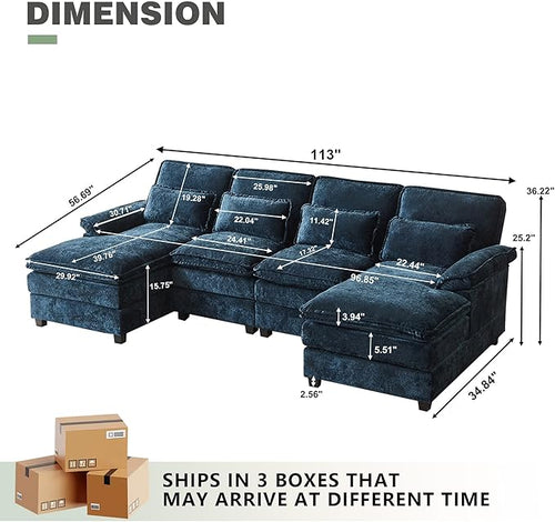112" Modular Sectional Sofa, U Shaped Comfy Cloud Couch with Double Chaise and Padded Armrests, Modern Deep Seat Sectional Couches for Living Room, Apartment, Office, Dark Blue
