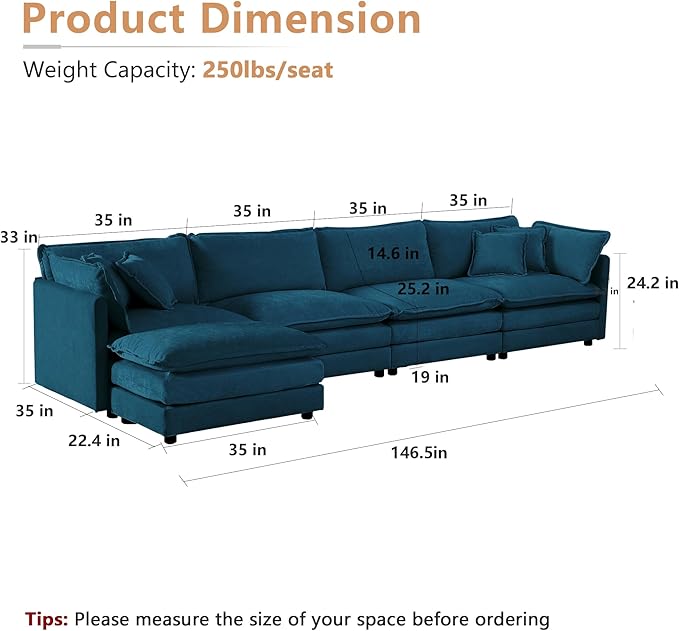 mikibama Modular Sectional Sofa, 146.5 Inch L Shaped Couch Set for Living Room, 4-Seater Comfy Cloud Couches with Movable Ottoman, DIY Combination, Chenille, Blue