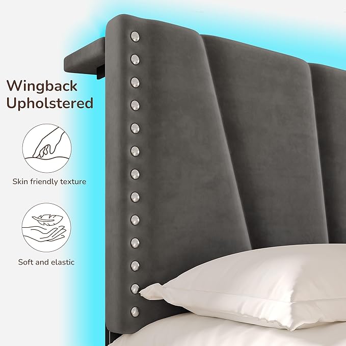 EnHomee Twin Bed Frame, Twin Size Bed Frame and Headboard, Bed with Charge Station and Led Light for Bedroom Apartment, Dorm, Noise-Free, Easy Assembly, Gray