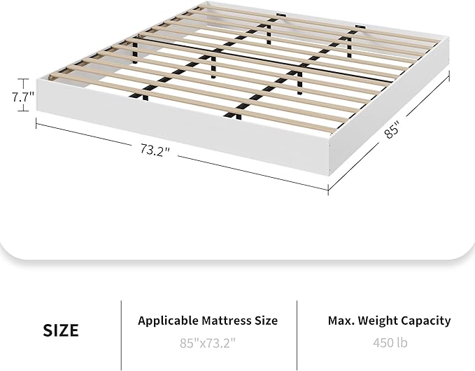 California King Size Solid Wood Platform Bed with Sturdy Wooden Slats, Floor-Standing Bed Frame, Modern Minimalist Design Bed Frame, No Box Spring Needed, Easy Assembly, White