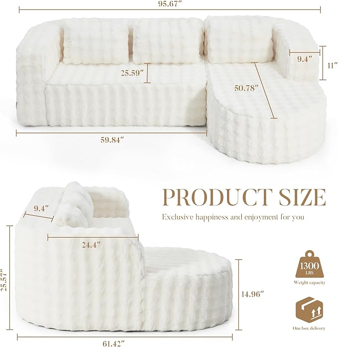 Hobestluk 96" Cloud Sectional Couch Modern Boneless Couch 3 Seater with Oversized Chaise L Shaped Modular Sofa Couches for Living Room Apartment No Assembly Required (Bubble White,Right Facing Chaise)
