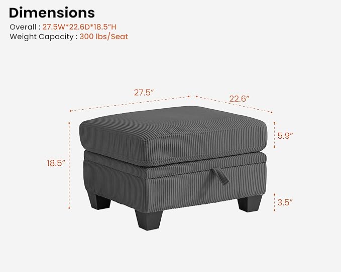 CHIC HOUSE Middle Module for Modular Couch, Corduroy Customizable Chaise, Storage Ottoman for Sectional Sofa, Armrest, Single/Double Seater