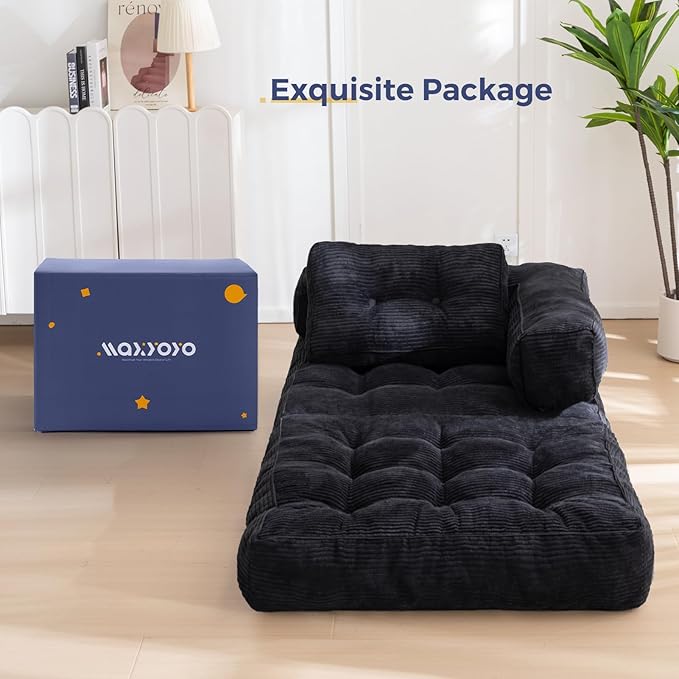 MAXYOYO Folding Sofa Bed, L-Shaped Convertible Sofa with Armrest Foldable Sleeper Bed with Pillow, Portable Fold Out Chair Comfy Floor Lounge for Living Room Bedroom, Black