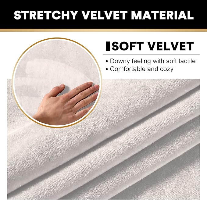 PrinceDeco Velvet Couch Covers for Sofa Soft 4 Pieces Couch Covers for 3 Cushion Couch Sofa Pet Friendly Furniture Protector with Non Slip Elastic Bottom Width Up to 90 Inch (Large, Ivory)