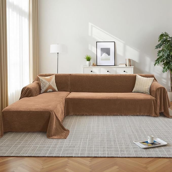Sectional Couch Covers, 2 Pieces Chenille Sofa Cover L Shaped Couch Cover Blanket for Dogs Washable Sofa Slipcovers Pet Furniture Protector (X-Large: 71" x 110" + 71" x 118", Brown)