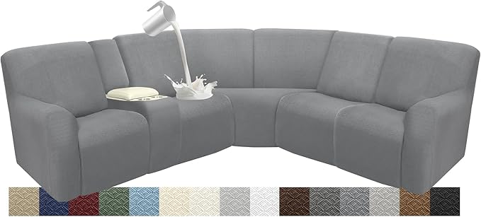 Waterproof Reclining Sectional Couch Covers Washable L Shaped Couch Cover for Sectionals Recliner Sofa Covers Stretch Corner Recliner Slipcovers(5 Seater 1 Console Cover, Light Gray)
