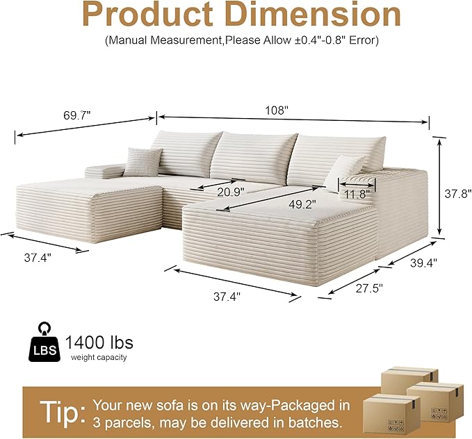 108" Sectional Couches for Living Room Cloud Couch Sofa with L-Shape Upholstered Boneless Couchs Modern Modular Sectional Couch with Chaise (White, 108" Right Facing Chaise+2Seaters+1Ottoman)