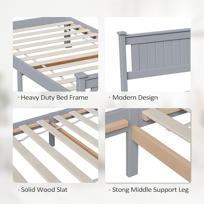 VINGLI Twin Bed Frame Solid Wood Platform Single Bed with Headboard, No Box Spring Needed Panel Bed, Wood Slat Support Mattress Foundation, Gray