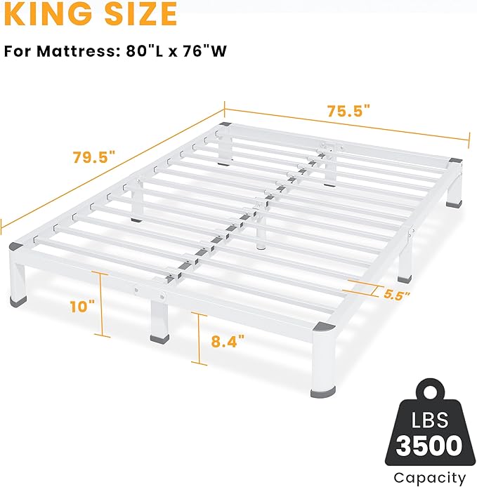Superay 10 Inch King Size Metal Platform Bed Frame with Round Corners, Storage Space Under High Bed Frame-Heavy Duty Steel Slats Support, Noise Free - Easy Assembly - No Box Spring Needed, White