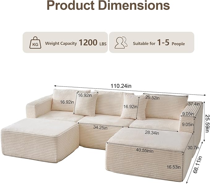 110" Corduroy Boneless Modular Sectional Sofa, Cloud Couch with Memory Foam Deep Seats, U-Shaped Couches for Living Room, Bedroom and Apartment, No Assembly Required, Beige