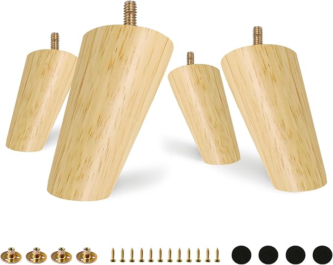 FoDau770 Rubber Wood Furniture Legs 4 Inches, Slant Tapered Wood Feet Mid Century Sofa Legs Set of 8, 5/16" UNC Furniture Feet Replacement Parts for Cabinet Couch Dresser Chair Ottoman Table