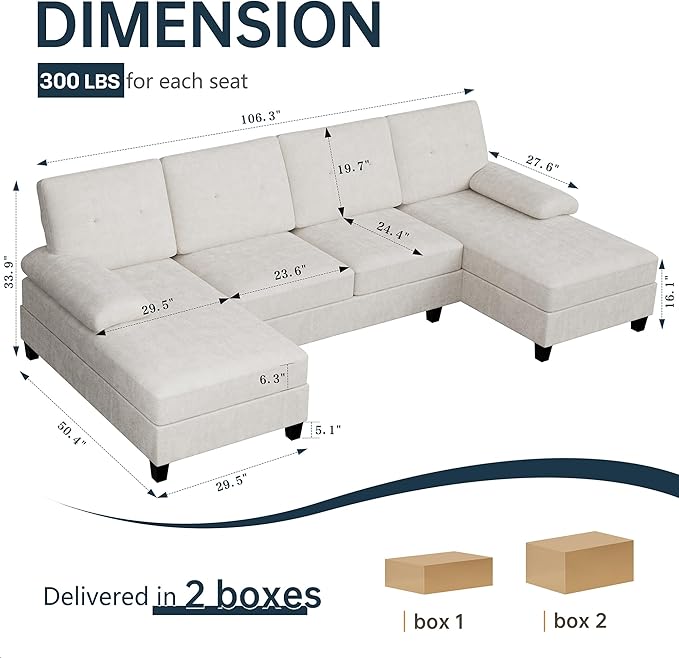 Meilocar 106" U Shaped Sectional Sofa for Living Room, 4-Seat Fabric Couch with Double Chaise Longue, Comfortable Large Sectional with 300lbs Capacity per Seat for Apartment & Home, Pure White