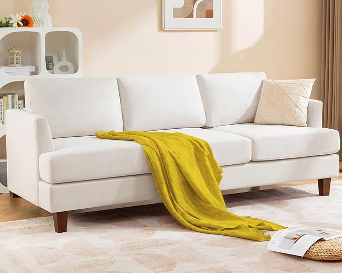3 Seater Sofa Couch with Deep Seats, 89" Mid Century Modern Upholstered Sofa with Armrests, Comfy Couches for Living Room, Bedroom, Apartment and Office (Beige)