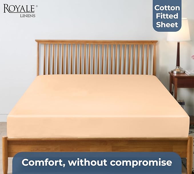 Royale Linens 100% Organic Cotton Fitted Sheet - Percale Weave - Super Soft Deep Pocket Bottom Sheets - Elastic Sheet King Size - King Fitted Sheets Only - (78"x80"+15", Sand)