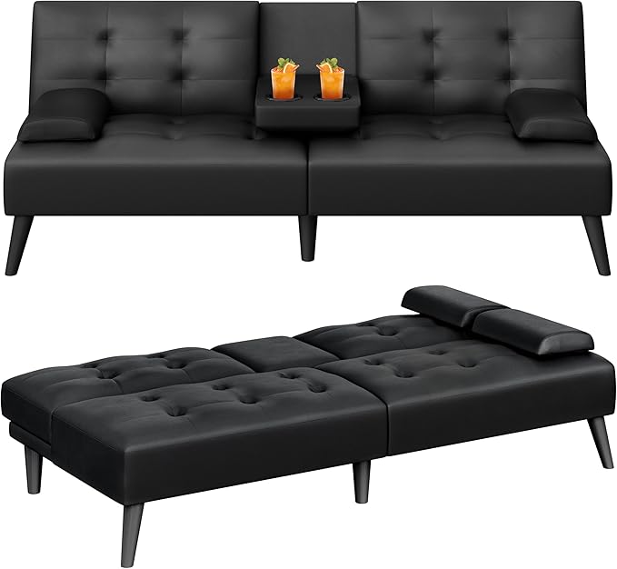 Meilocar 64" Futon Sofa Bed, Small Loveseat with 2 Cup Holders, Small Couch with 3 Adjustable Angles & Removable Armrest, Modern Sleeper Sofa for Apartment, Office (PU Leather, Black)