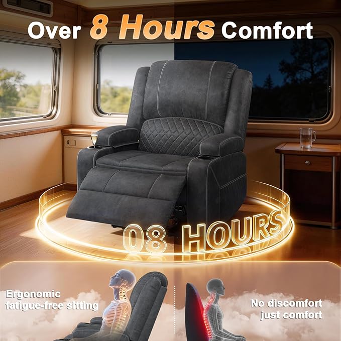 Oversized Manual Recliner Chair, 3X Recliner Home Theater Seating, RV Recliner Single Sofa with Storage, Cup Holder & Side Pocket, Reclining Chair for RV, Home Theater & Living Room (Velvet,Grey)
