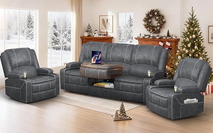 3+1+1 Manual Recliner Sofa, Maximum Load Capacity 2250lbs & Ergonomics Design, Multi-Functional Middle Seat & Home Theater Seating with Removable Armrest and Storage for RV Living Room (Velvet,Grey)