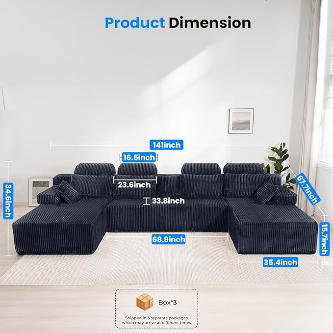 141’’ Cloud Sectional Couch with High Backrest, Convertible U-Shaped Modular Sectional Sofa with Deep Seat, Soft Corduroy Upholstery, Boneless Couches Comfortable for Living Room Bedroom