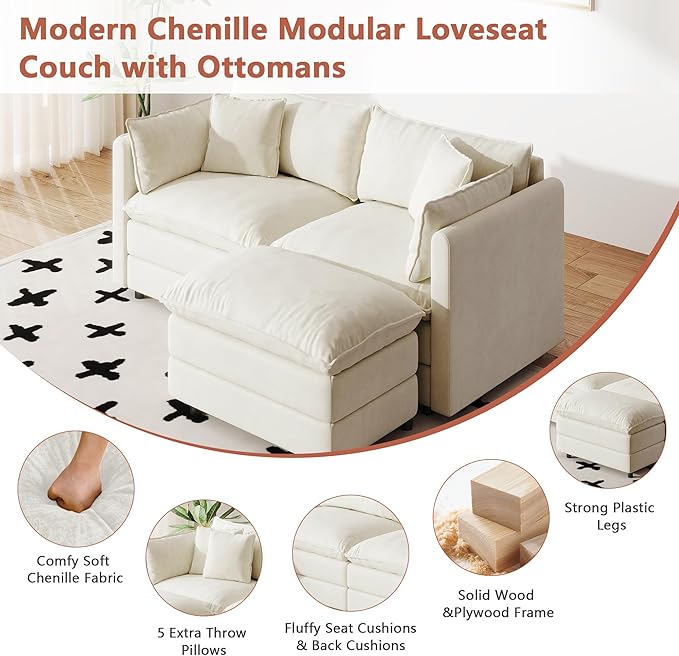 Setawix Deep Loveseat Couch with Ottoman,Large L-Shaped 2 Seater Cloud Couches for Living Room,77.16" Chenille Cloud Sofas with Deep Seat,Modular Sectional 2 Seat Sofa for Bedroom (Beige, 2+1)