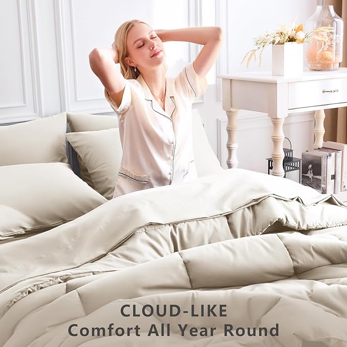 CozyLux Twin XL Comforter Set Beige, 5 Pieces Twin Extra Long Bed in a Bag for College Dorm, All Season Bedding Set with Stitch Quilted Comforter, Flat Sheet, Fitted Sheet, Pillowcases