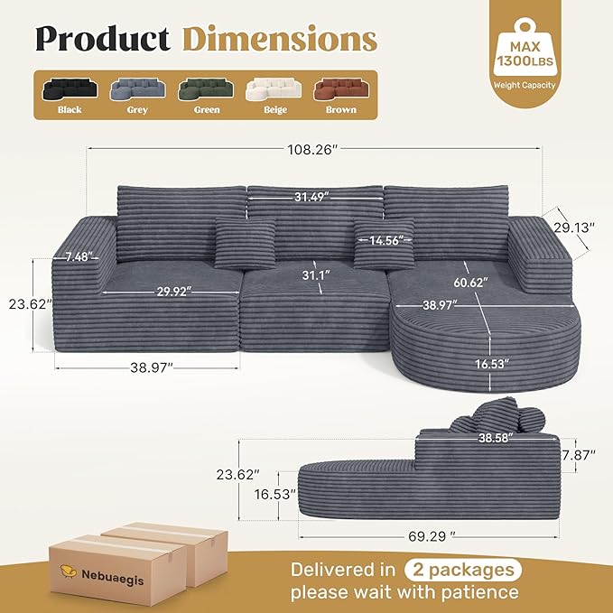 110" Modular Sectional Sofa Couches, Cloud Couches for Living Room, Boneless Sofa with Deep Seat,L-Shape Couch with Chaise,No Assembly Required,Grey,1 PCS