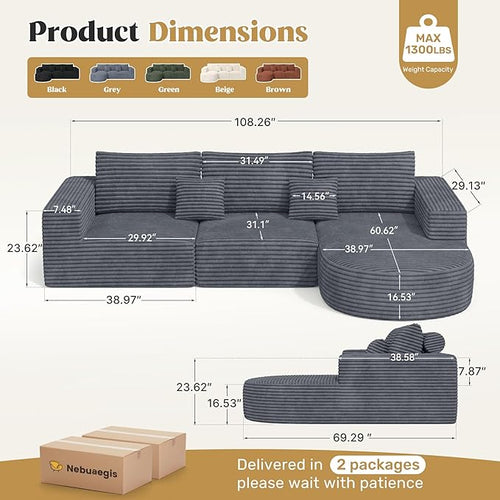110" Modular Sectional Sofa Couches, Cloud Couches for Living Room, Boneless Sofa with Deep Seat,L-Shape Couch with Chaise,No Assembly Required,Grey,1 PCS