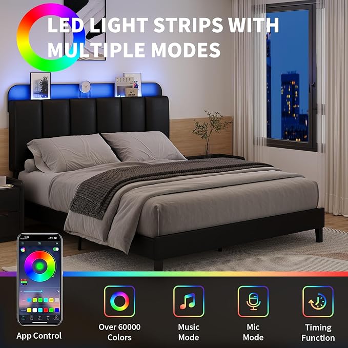 BarnFurin Twin Bed Frame with LED Lights, Upholstered Platform Bed with Storage Headboard, Single Bed Frame, Noise-Free, No Box Spring Needed, Easy Assembly, Black
