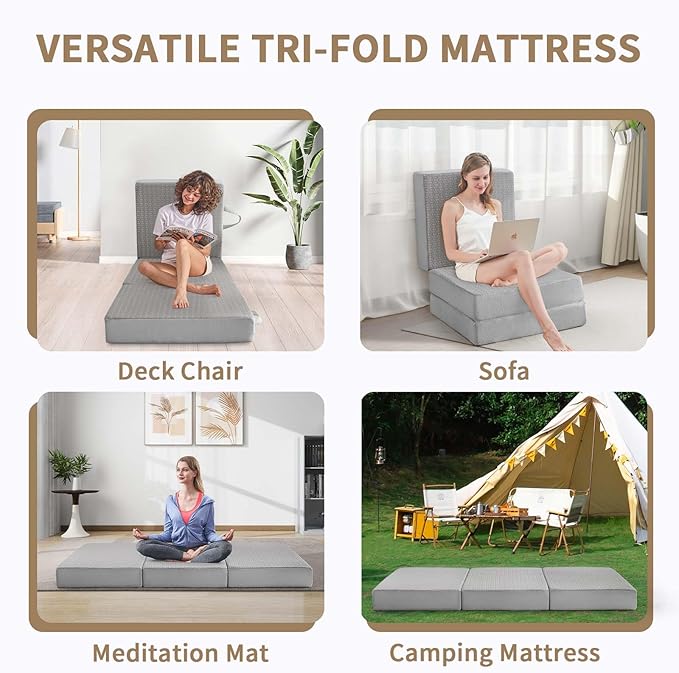 CYMULA Folding Mattress Single Size,6 inch Memory Foam Tri-Fold Single Floor Mattress Topper with Breathable & Washable Cover,Thick Foldable Mat for Camping,Naps and Guests，Grey(25"×75"×6")
