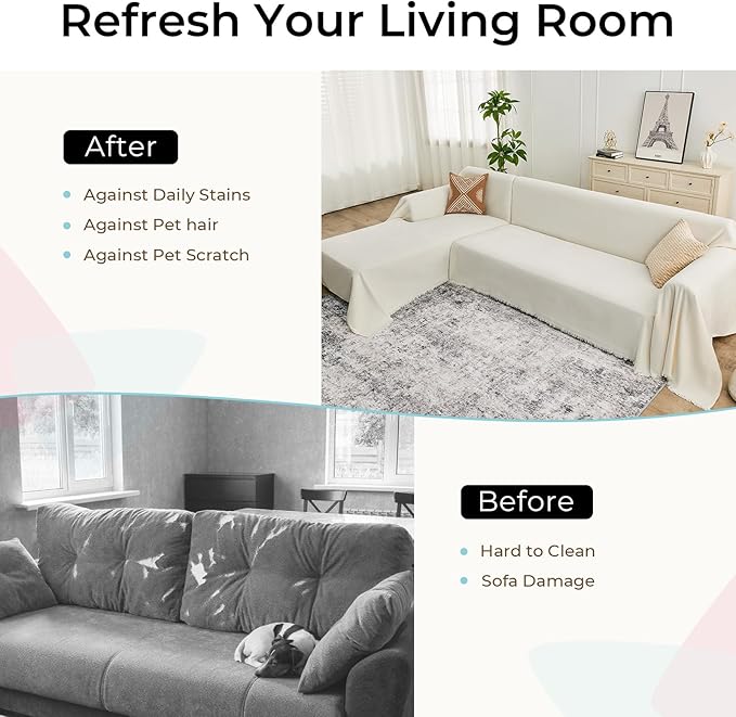 Sectional Couch Covers, 2 Pieces Chenille Sofa Cover L Shaped Couch Cover Blanket for Dogs Washable Sofa Slipcovers Pet Furniture Protector (XXX-Large: 71" x 118" + 91" x 134", Beige)