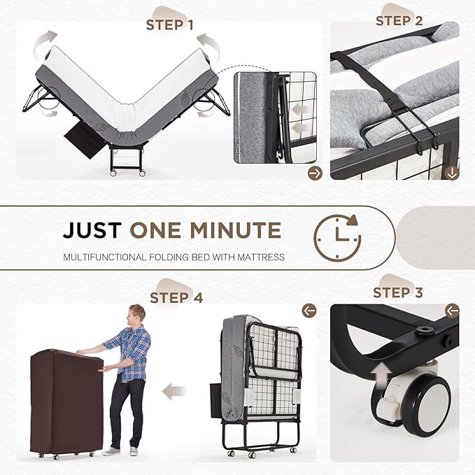 MELLCOM Folding Bed with Mattress,75" x 31" Foldable Rollaway Bed with Mattress for Adults, 5 Inch Memory Foam Mattress,Single Cot Size Portable Bed with Metal Frame&Bed Side Pocket