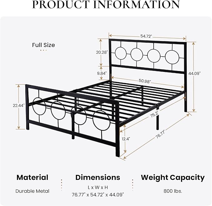 SHA CERLIN Full Size Metal Bed Frame with Vintage Circular Design Headboard and Footboard,No Box Spring Required,Easy Assembly,Noise-Free,Black