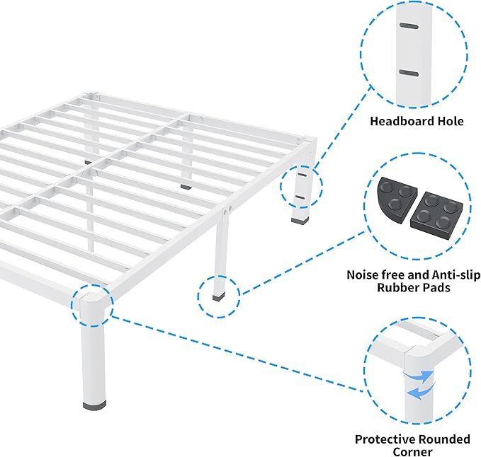 ROIL 14 Inch White California King Bed Frame with Rounded Corner and Headboard Hole Mattress Retainers, 3500LBS Heavy Duty Steel Slats No Box Spring Needed Platform Noise-Free Easy Assembly