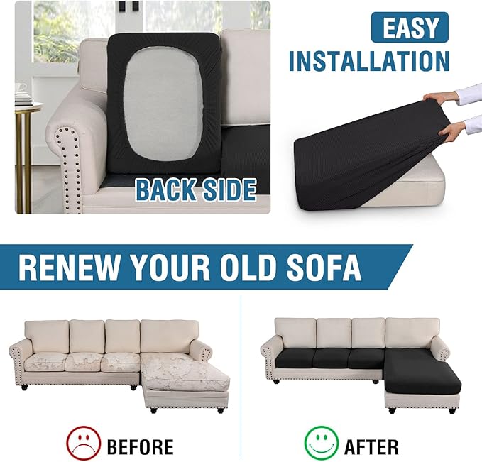 H.VERSAILTEX Sectional Couch Covers 4 Pieces Sofa Seat Cushion Covers L Shape Separate Cushion Couch Chaise Cover for Both Left/Right Sectional Couch (Seat Only: 1 Chaise + 3 Sofa, Black)