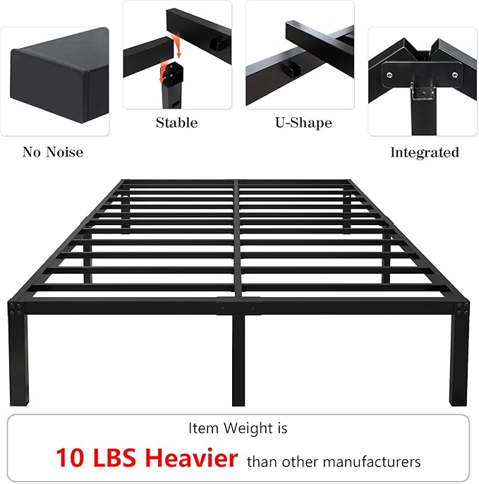 yookare 18 Inch Tall 3500lbs Heavy Duty Bed Frame Metal Platform/Maximum Storage/Mattress Foundation/Steel Slats Support/Noise Free/Box Spring Replacement,Cal King
