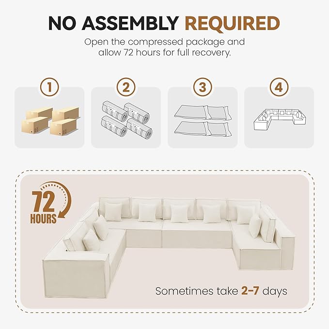 167'' Boneless Chenille U Shaped Couch, Oversized Modular Sectional 8 Seater Sofa, Modern Deep Seat Corner Cloud Compressed Couch, No Assembly Sleeper Sofa with Chaise for Living Room, Beige