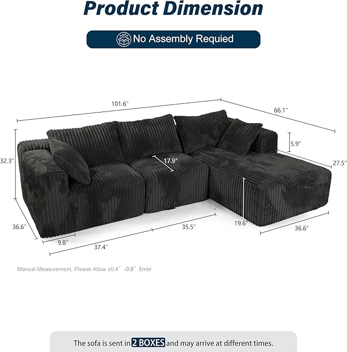 3 Seater L Shaped Sofa with Deep Seat, 101" Cloud Sectional Couch with Chaise, Cozy Modular Couches Sleeper, Oversized Corduroy Sofa for Living Room Bedroom Apartment, Dark Grey