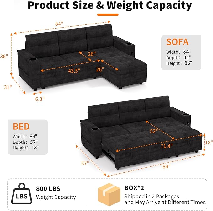 Garvee Couches for Living Room, 84'' Sofa Bed，l-Shaped Sectional Sleeper Sofa with Pull Out Bed，Reversible Storage Chaises， Hidden Storage Armrests，Cup Holders & USB Charging Ports