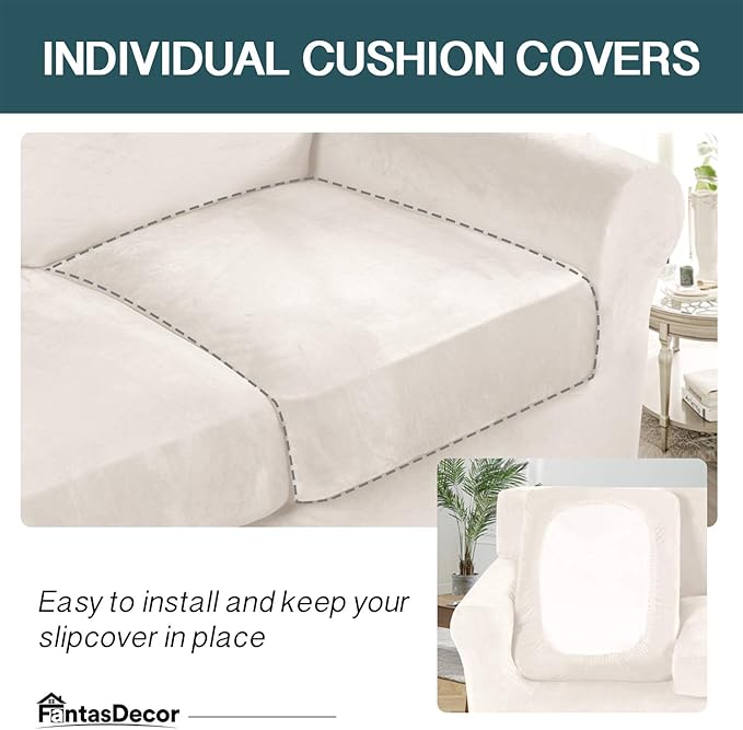 FantasDecor 3 Piece Sofa Covers Velvet for 2 Cushion Couch Stretch Loveseat Slipcover with Individual Seat Elastic Furniture Protector for Pets (Loveseat, Ivory)