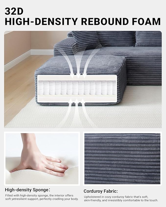 132 Inch Modular Sectional Sleeper Sofa, Boneless Cloud Couch for Living Room, U Shaped 5 Seat Sofa with 2 Cup Holders, Free Combination, No Assembly Required (Grey)