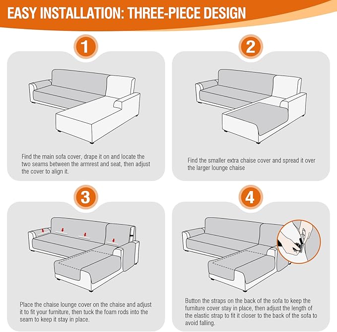 VANSOFY Sectional Couch Covers 100% Waterproof L Shaped Sofa Slipcover 3pcs Reversible Chaise Lounge Cover for Sectional Sofa Furniture Protector Cover for Pets Cat Dog(X-Large, Light Gray)