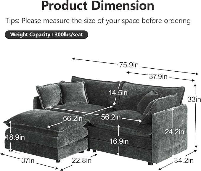 mikibama Modular Sectional Sofa, 76.4 Inch L Shaped Couch Set for Living Room, Loveseat Comfy Cloud Couches with Movable Ottoman, DIY Combination, Chenille, Grey
