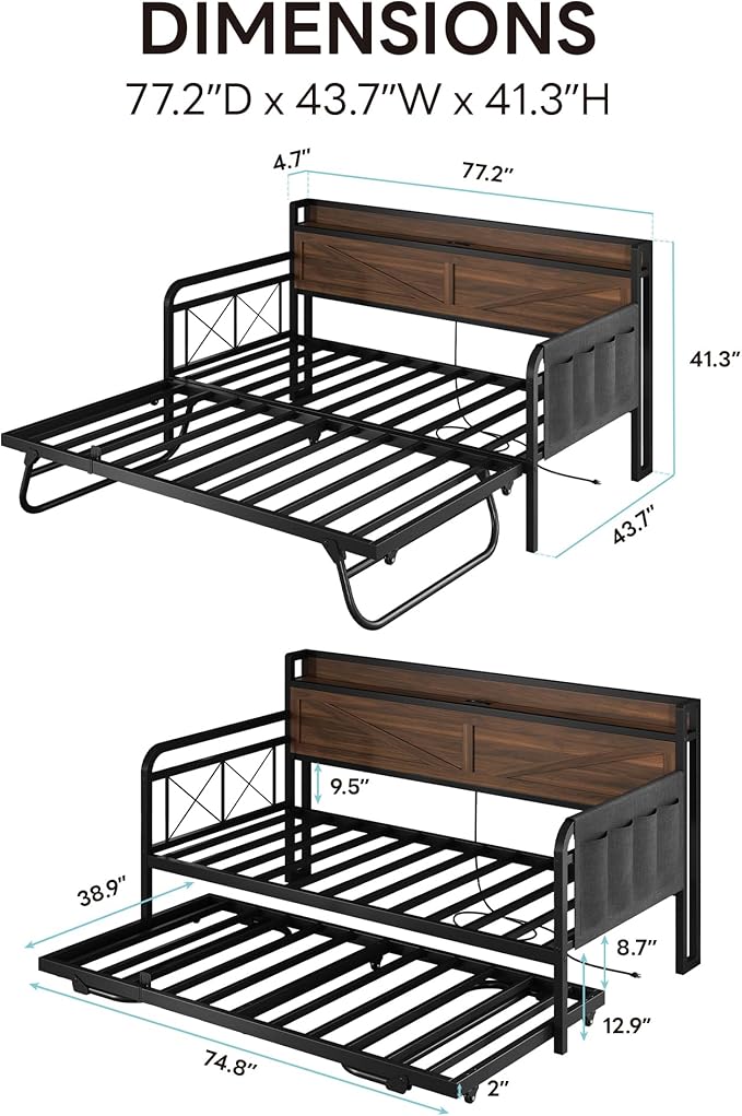 LIKIMIO Twin Daybed, Day Beds with Pop Up Trundle, Storage Headboard with Charging Station, Strong Supports for Apartment and Other Small Space, Walnut