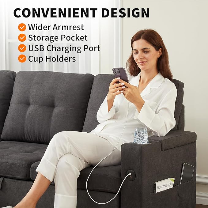 Garvee Couches for Living Room, 84'' Sofa Bed，l-Shaped Sectional Sleeper Sofa with Pull Out Bed，Reversible Storage Chaises， Hidden Storage Armrests，Cup Holders & USB Charging Ports