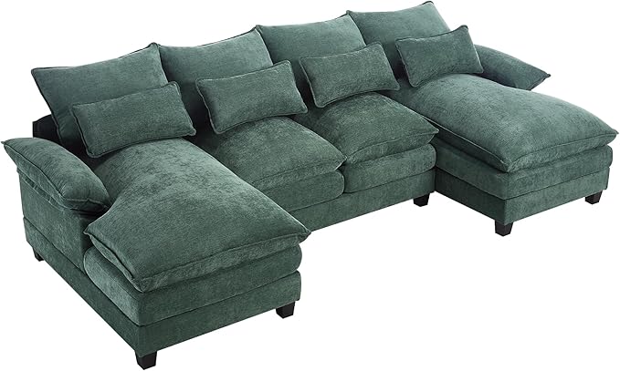 110.2" Modular U Shaped Cloud Couch, Modern 4-Seat Chenille Upholstery Sectional Sofa with Double Chaise & Double Layer Cushions, Deep Seat Comfy Couch for Living Room, Bedroom, Apartment, Green