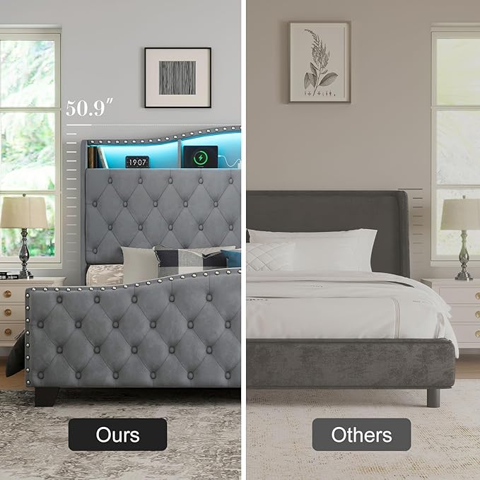 Belffin Queen Size Bed Frame and Headboard, 50.9" Velvet Upholstered Wingback Bedframe with LED Lights & Storage/Charging Station, Button Tufted Tall Footboard, No Box Spring Needed, Noise-Free, Grey