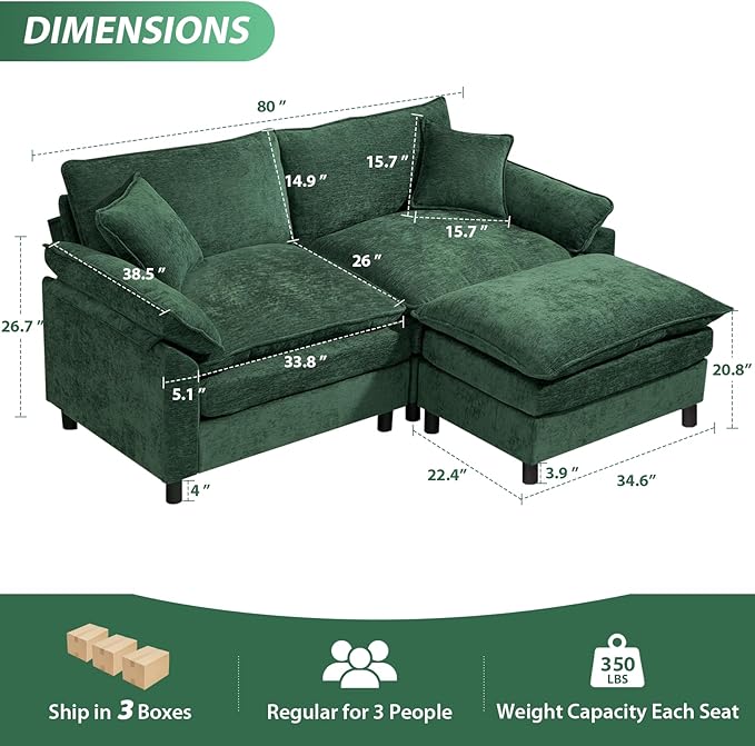 Oversized Modular Sectional Sofa, 80 Inch L Shaped Cloud Couch Set, 2-Seat Comfy Convertible Sofa with 1 Movable Ottoman, DIY Combination Sleeper Couch for Living Room(Chenille, Green)