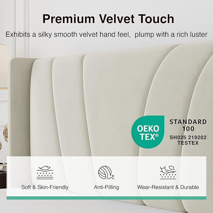 Novilla King Size Bed Frame, King Bed Frame with Headboard, Velvet Upholstered Wing Side Headboard, No Box Spring Needed, Heavy Duty Feet, Easy Assembly, White Velvet