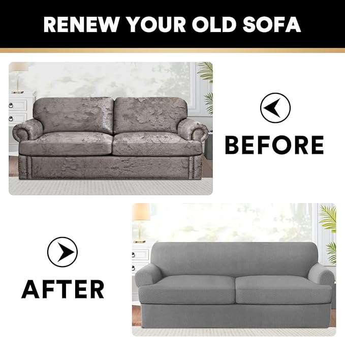 PrinceDeco T Cushion Sofa Slipcover 3 Pieces Sofa Covers for T Cushion Couch Soft Couch Covers Sofa Slip Cover Furniture Covers with 2 Individual T Shape Seat Covers Width Up to 88", Dove